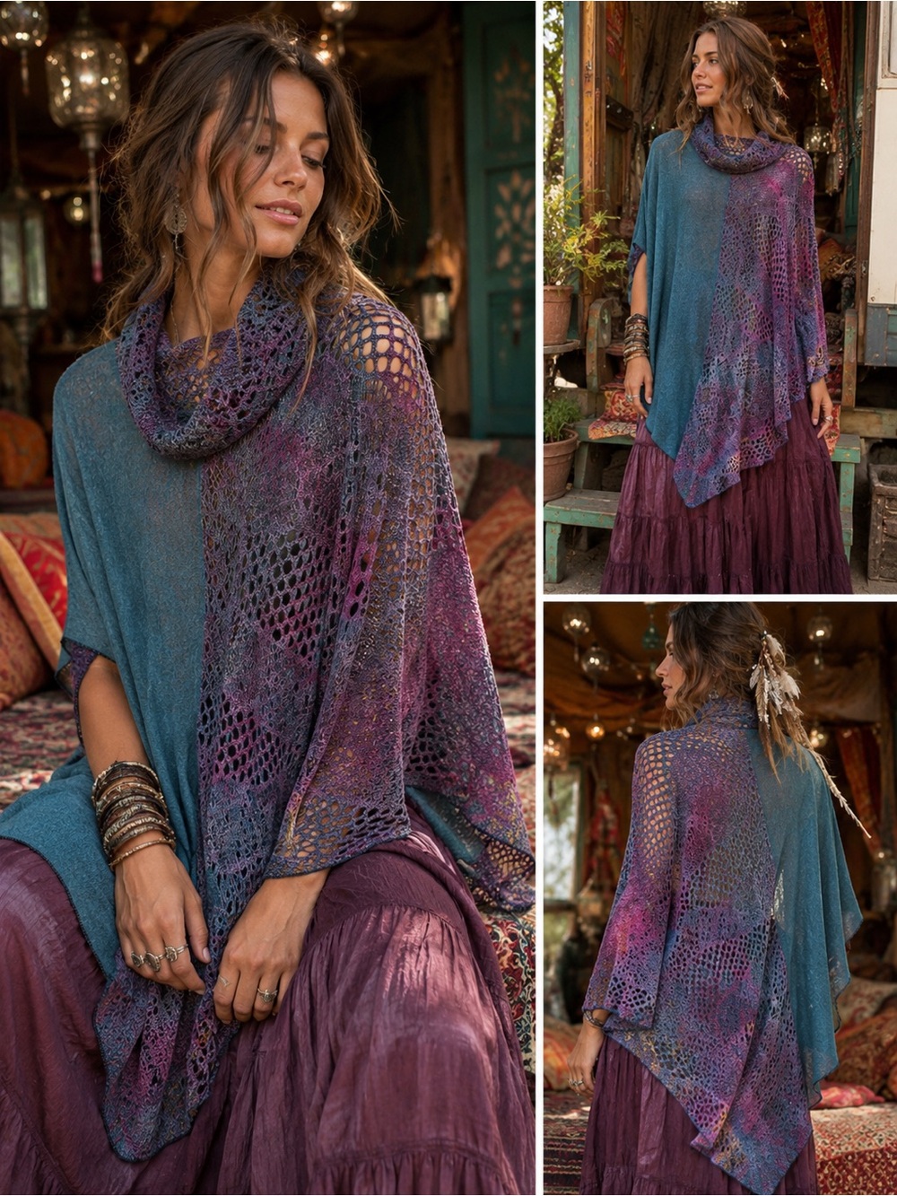 Dor Dor Couture Teal Purple Crochet Poncho Cowl Neck Boho Open Knit OSFM